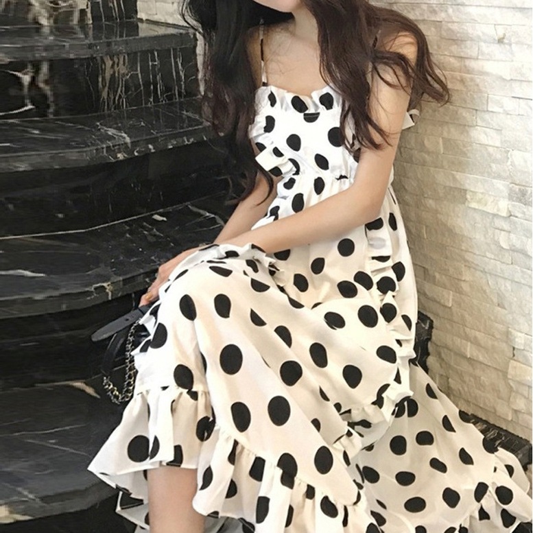 ワンピース レディース ドットプリントキャミソールワンピース ドット柄 キャミ ドレス ロング丈