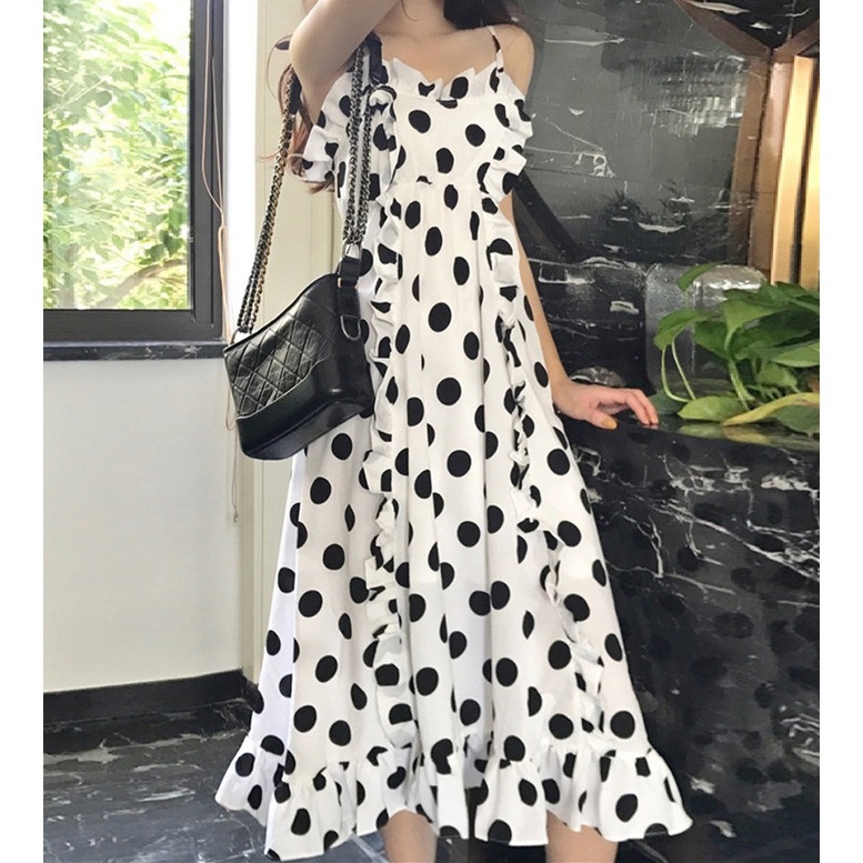 ワンピース レディース ドットプリントキャミソールワンピース ドット柄 キャミ ドレス ロング丈