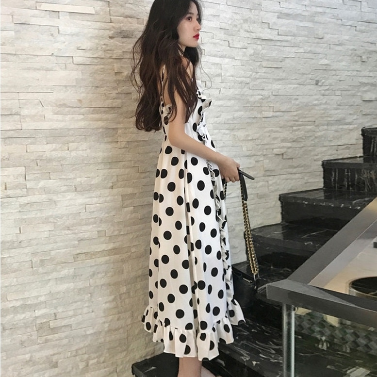 ワンピース レディース ドットプリントキャミソールワンピース ドット柄 キャミ ドレス ロング丈