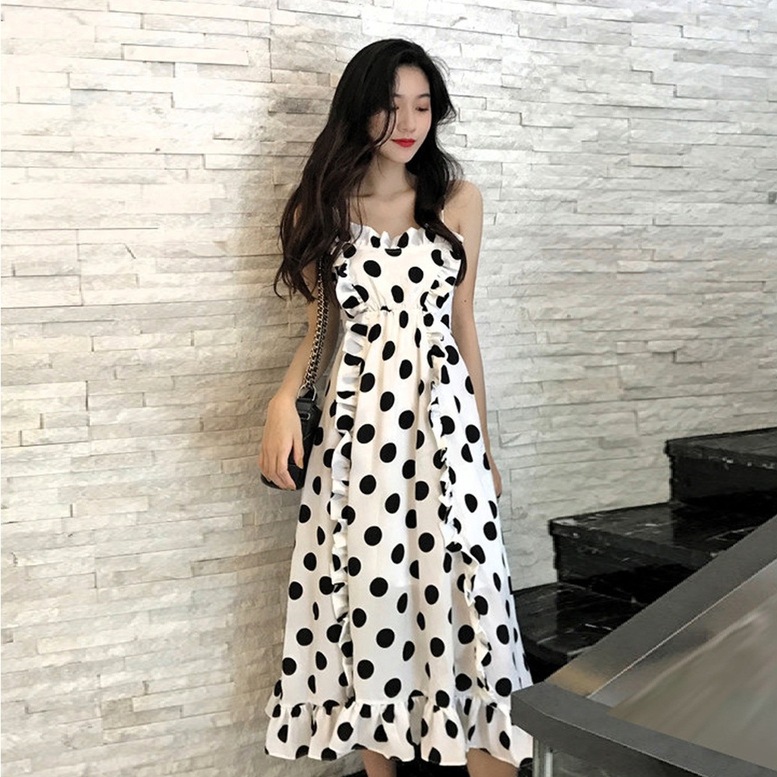 ワンピース レディース ドットプリントキャミソールワンピース ドット柄 キャミ ドレス ロング丈