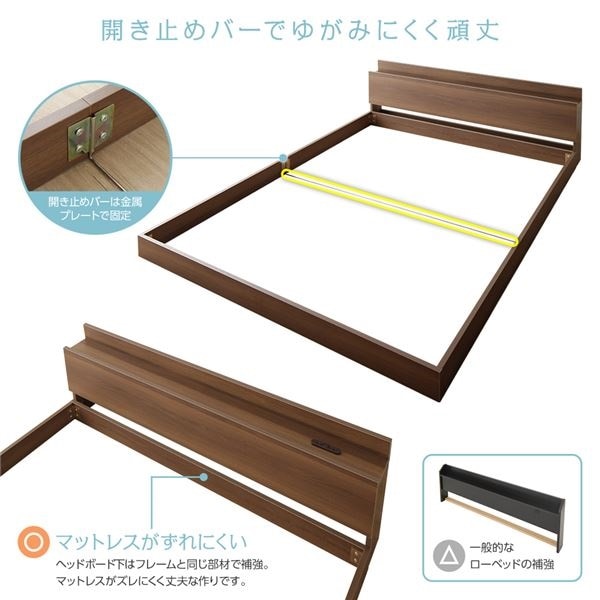ベッド 低床 ロータイプ すのこ 木製 棚付き 宮付き コンセント付き シンプル モダン ブラウン ダブル ボンネルコイルマットレス付き