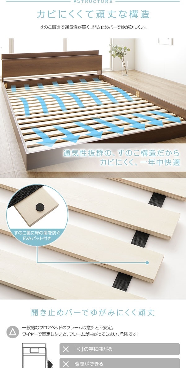 ベッド 低床 ロータイプ すのこ 木製 棚付き 宮付き コンセント付き シンプル モダン ブラウン ダブル ボンネルコイルマットレス付き