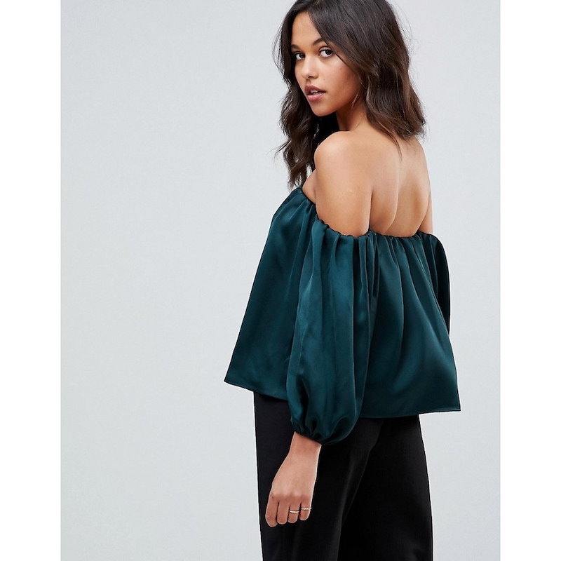 エイソス レディース トップス オフショルダー【ASOS Satin Off Shoulder Top with Balloon Sleeve】Forest green エイソス レディース トップス オフショルダー【ASOS Satin Off Shoulder Top with Balloon Sleeve】Forest green