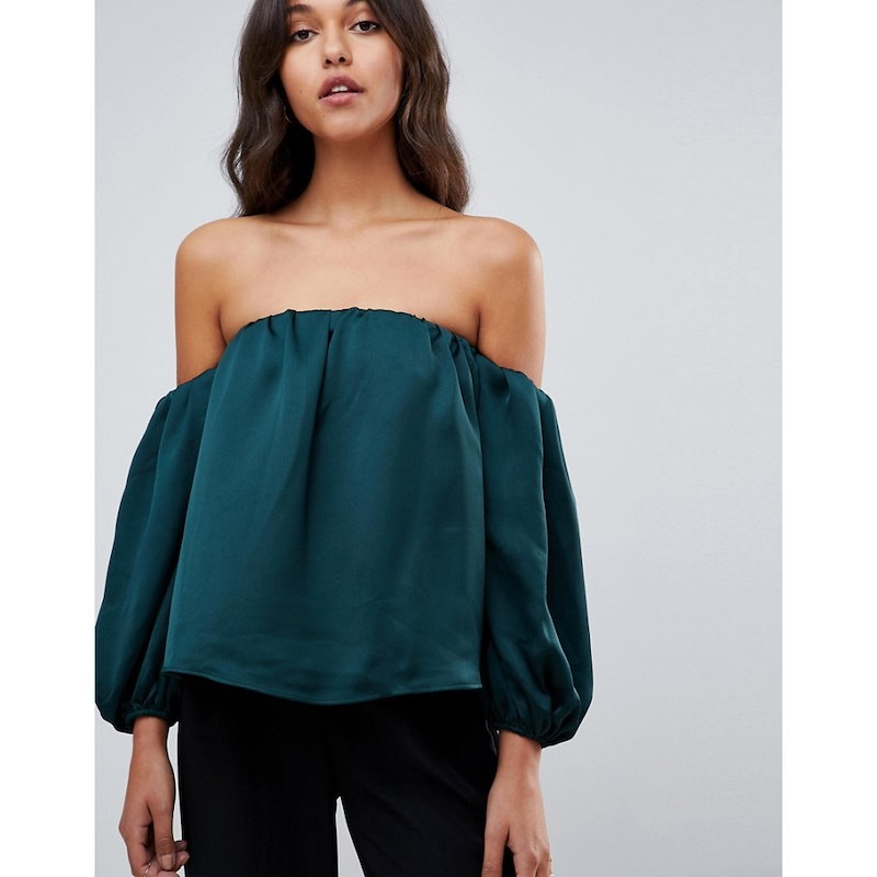 エイソス レディース トップス オフショルダー【ASOS Satin Off Shoulder Top with Balloon Sleeve】Forest green エイソス レディース トップス オフショルダー【ASOS Satin Off Shoulder Top with Balloon Sleeve】Forest green