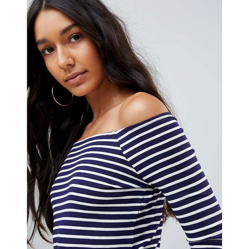 エイソス レディース トップス オフショルダー【ASOS TALL Off Shoulder Stripe Top】White/navy エイソス レディース トップス オフショルダー【ASOS TALL Off Shoulder Stripe Top】White/navy