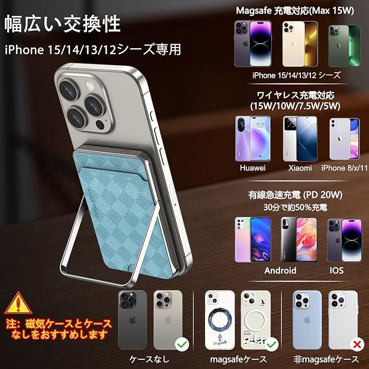 モバイル バッテリー 薄型 マグネット式 モバイルバッテリー 5000mAh PD20W ワイヤレス 出力 15W for Android/7.5W iPhone/USB-C( ブルー)