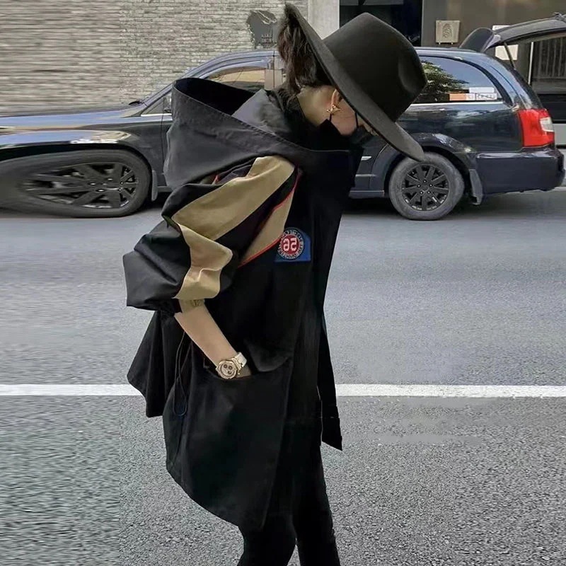 春秋作トレンチコートこうぐふうジャケット突撃衣ジャケット着フード付きジャケットセミロングウエスト引き締めカップルトップスコウモリの袖ハンサム百掛けゆったり