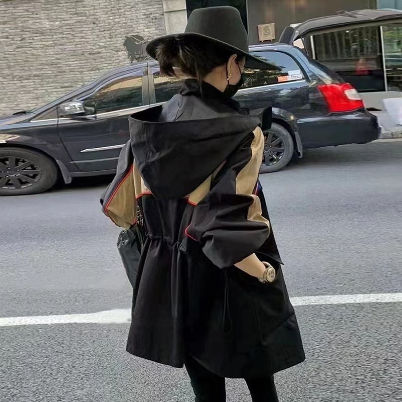 春秋作トレンチコートこうぐふうジャケット突撃衣ジャケット着フード付きジャケットセミロングウエスト引き締めカップルトップスコウモリの袖ハンサム百掛けゆったり