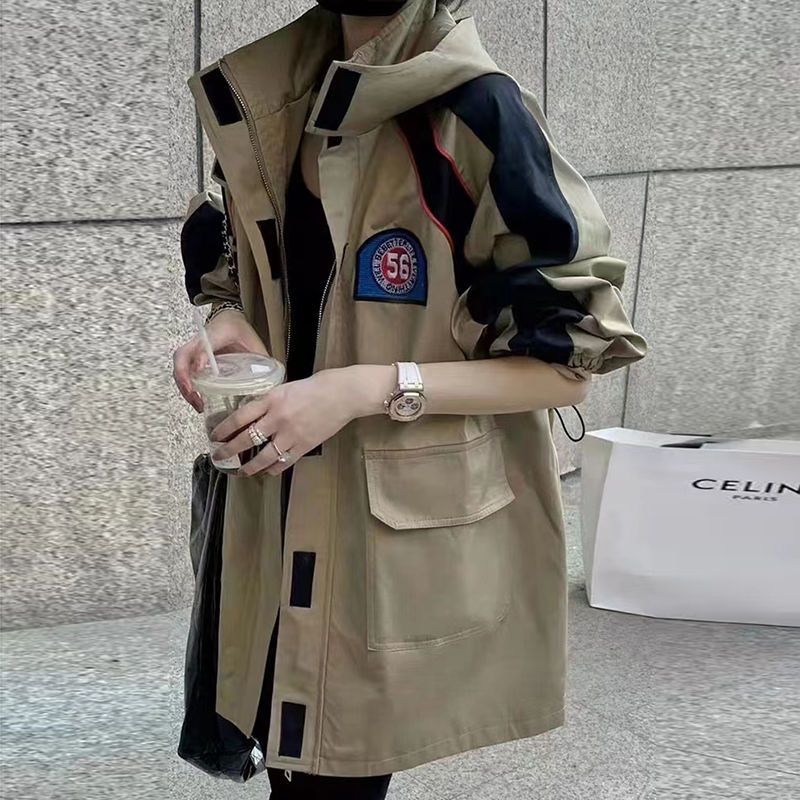 春秋作トレンチコートこうぐふうジャケット突撃衣ジャケット着フード付きジャケットセミロングウエスト引き締めカップルトップスコウモリの袖ハンサム百掛けゆったり