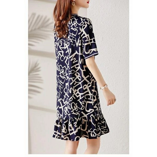 人気 プリント柄ワンピース ネイビー系プリント ローウエスト マーメイドライン ひざ下丈 半袖 ほっそり効果大通勤通学女子会20代30代40代50代60代op-2409-14 人気 プリント柄ワンピース ネイビー系プリント ローウエスト マーメイドライン ひざ下丈 半袖 ほっそり効果大通勤通学女子会20代30代40代50代60代op-2409-14