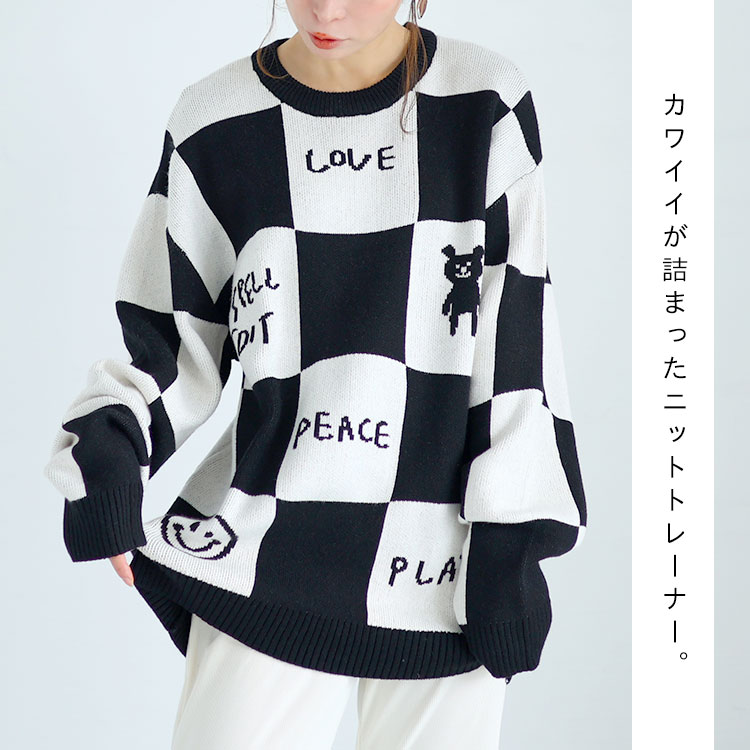 大きいサイズ レディース トップス ニット トレーナー チェッカーフラッグニットトレーナー チェッカーフラッグ チェック柄 萌え袖 長袖 ロゴ イラスト クルーネック 秋新作 春服 冬服 LL 3L 大きいサイズ レディース トップス ニット トレーナー チェッカーフラッグニットトレーナー チェッカーフラッグ チェック柄 萌え袖 長袖 ロゴ イラスト クルーネック 秋新作 春服 冬服 LL 3L
