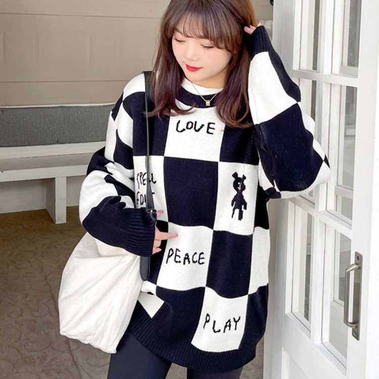 大きいサイズ レディース トップス ニット トレーナー チェッカーフラッグニットトレーナー チェッカーフラッグ チェック柄 萌え袖 長袖 ロゴ イラスト クルーネック 秋新作 春服 冬服 LL 3L 大きいサイズ レディース トップス ニット トレーナー チェッカーフラッグニットトレーナー チェッカーフラッグ チェック柄 萌え袖 長袖 ロゴ イラスト クルーネック 秋新作 春服 冬服 LL 3L