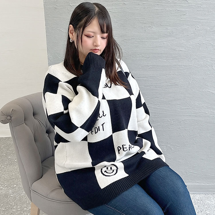 大きいサイズ レディース トップス ニット トレーナー チェッカーフラッグニットトレーナー チェッカーフラッグ チェック柄 萌え袖 長袖 ロゴ イラスト クルーネック 秋新作 春服 冬服 LL 3L 大きいサイズ レディース トップス ニット トレーナー チェッカーフラッグニットトレーナー チェッカーフラッグ チェック柄 萌え袖 長袖 ロゴ イラスト クルーネック 秋新作 春服 冬服 LL 3L
