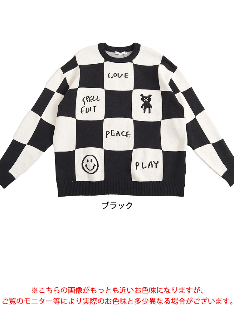 大きいサイズ レディース トップス ニット トレーナー チェッカーフラッグニットトレーナー チェッカーフラッグ チェック柄 萌え袖 長袖 ロゴ イラスト クルーネック 秋新作 春服 冬服 LL 3L 大きいサイズ レディース トップス ニット トレーナー チェッカーフラッグニットトレーナー チェッカーフラッグ チェック柄 萌え袖 長袖 ロゴ イラスト クルーネック 秋新作 春服 冬服 LL 3L