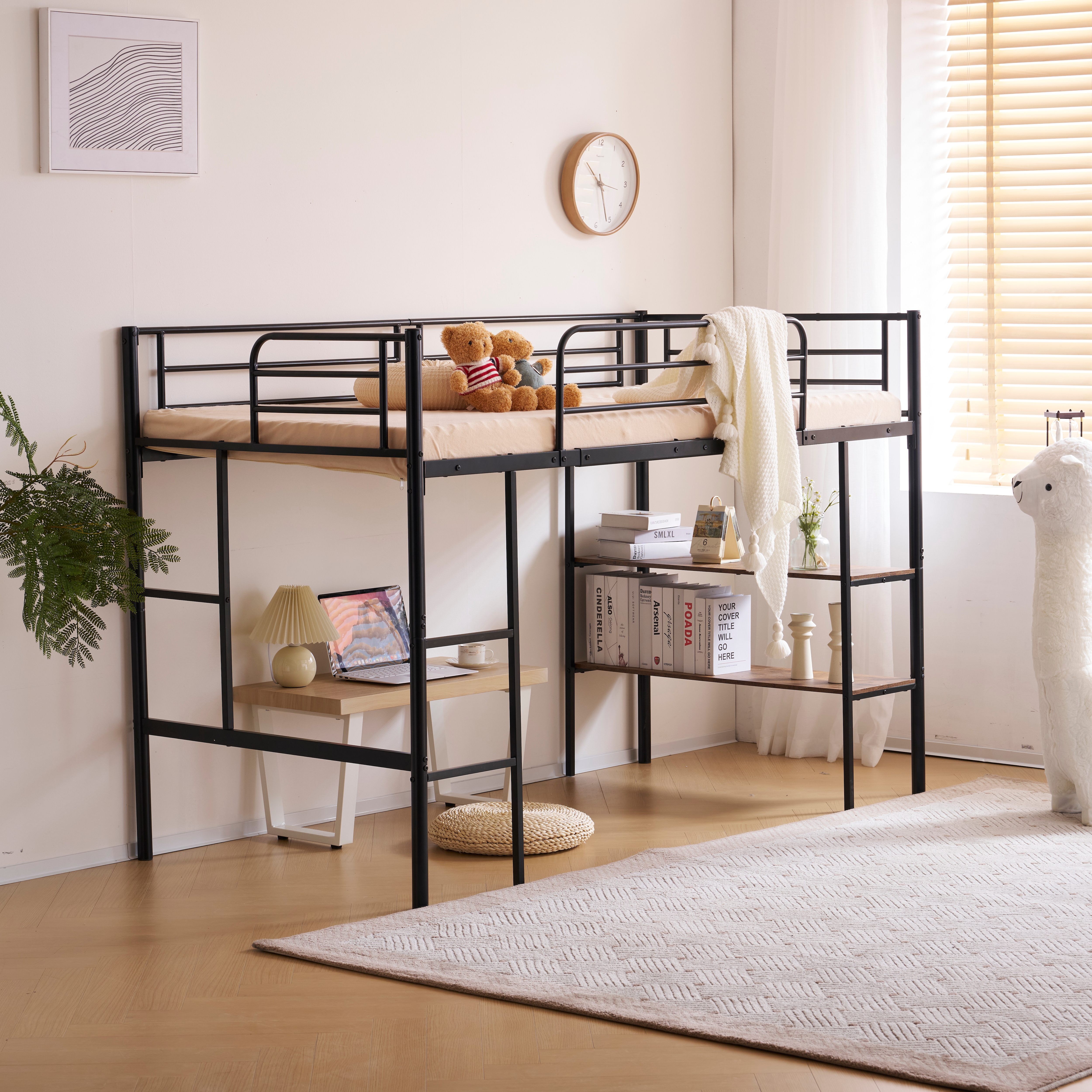 ブラック ロフトベッド パイプベッドシングルベッド収納棚付く ロータイプ ロフトベッド パイプベッド シングル 収納 コンセント付き 収納棚