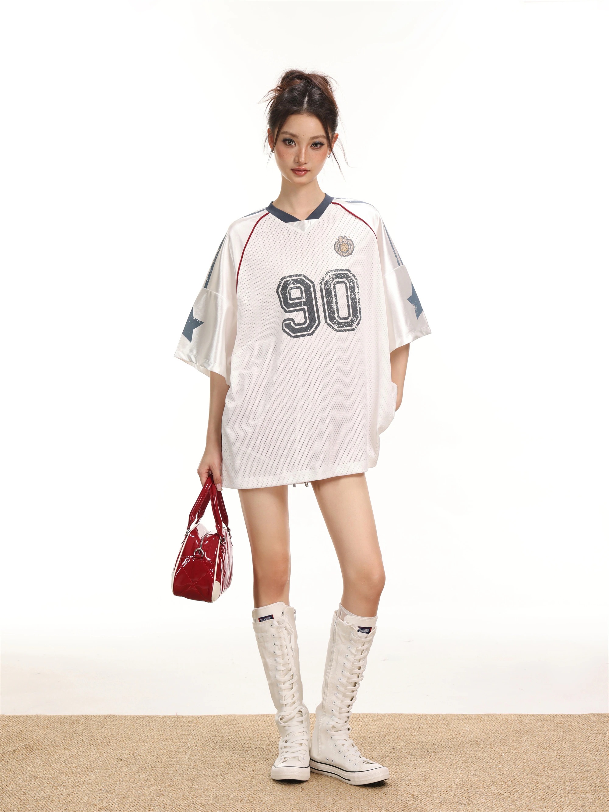 2025春夏 韓国可愛い風トップス Tシャツ K-POPファッション半袖ストリート系サイド丈フットシルエットダンスラグランゆったりシャツ衣装レディースサイズVネックおしゃれカジュアル春メンズ配色T