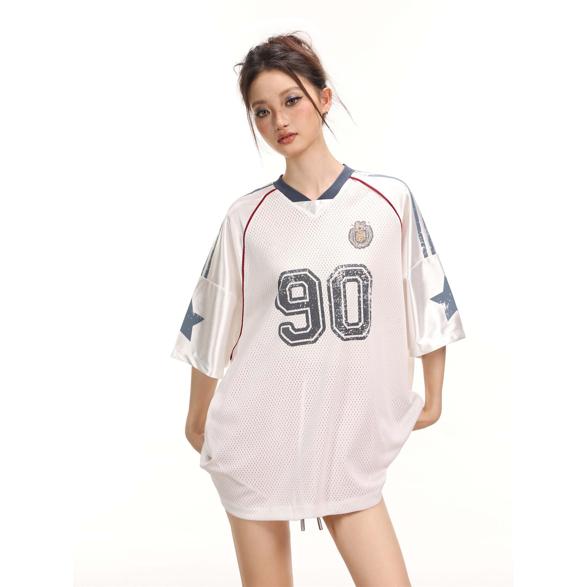 2025春夏 韓国可愛い風トップス Tシャツ K-POPファッション半袖ストリート系サイド丈フットシルエットダンスラグランゆったりシャツ衣装レディースサイズVネックおしゃれカジュアル春メンズ配色T