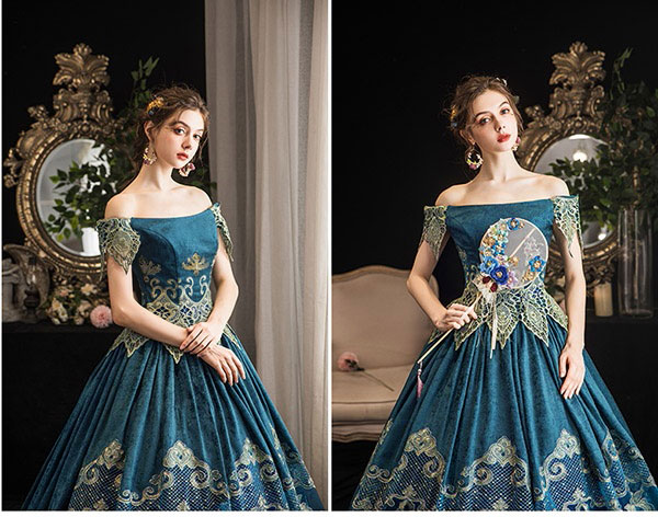 貴族 ドレス ステージ 衣装 舞台 中世貴族風 貴婦人 お姫様 オフショルダー サイズ指定可 パーティー ファスナー 演奏会 ロングドレス 大きいサイズ ワンピース プリンセスライン フリル 長