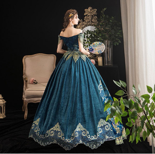 貴族 ドレス ステージ 衣装 舞台 中世貴族風 貴婦人 お姫様 オフショルダー サイズ指定可 パーティー ファスナー 演奏会 ロングドレス 大きいサイズ ワンピース プリンセスライン フリル 長