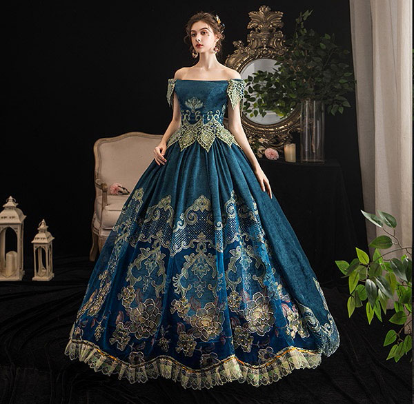 貴族 ドレス ステージ 衣装 舞台 中世貴族風 貴婦人 お姫様 オフショルダー サイズ指定可 パーティー ファスナー 演奏会 ロングドレス 大きいサイズ ワンピース プリンセスライン フリル 長