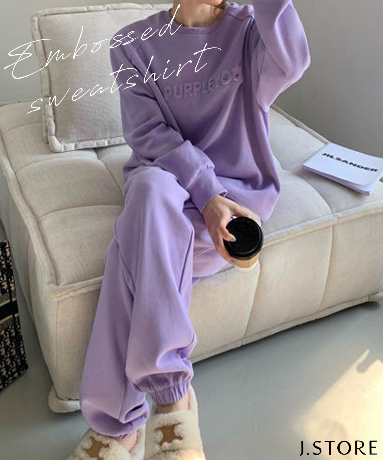 [J.STORE] テキスト エンボス セットアップ 上下セット スウェット ゆったり ルームウェア 長袖 レディース かわいい マタニティ カジュアル ジム ユッタリ 体型カバー リラックス スポー