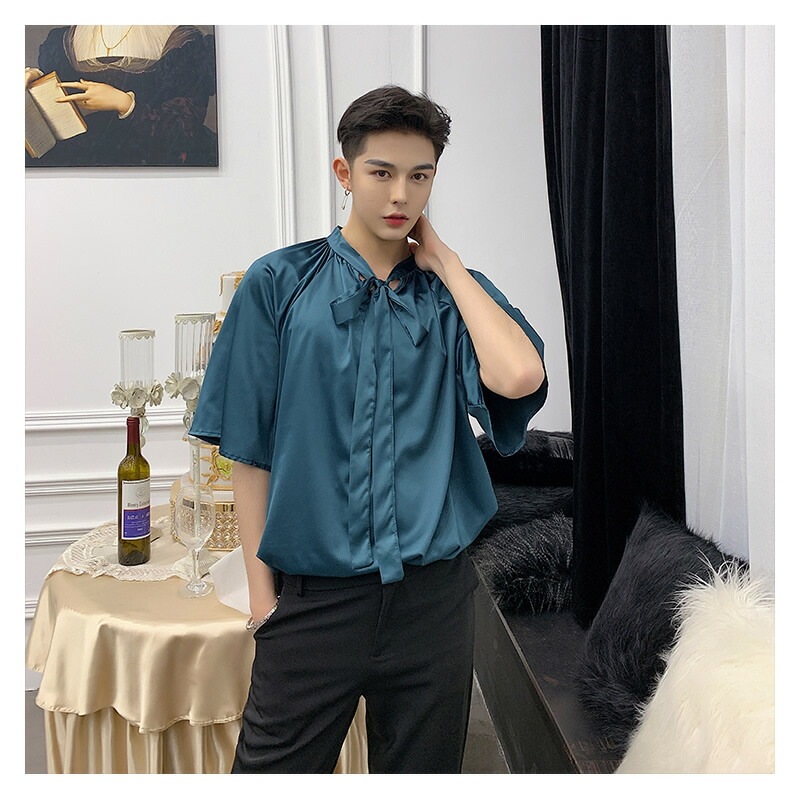 国内発送 ファッションパーティー夏メンズファッションアイドル光沢リボンネックメンズジェンダーレ