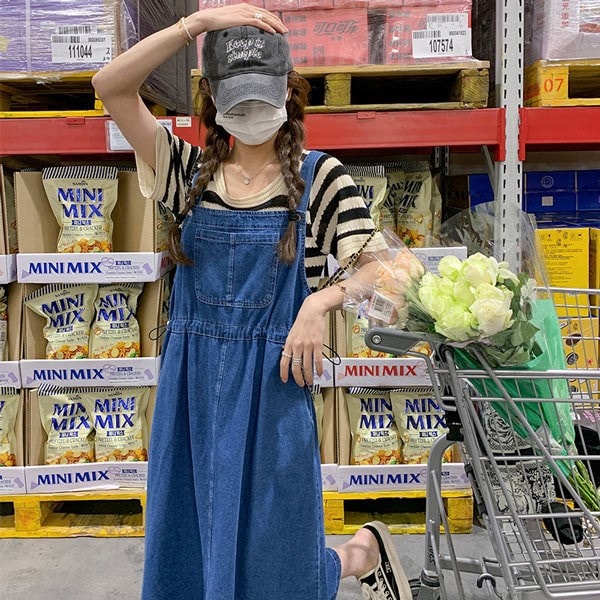 デニム サスペンダースカート 吊りスカート 夏ワンピ ワンピース 春夏 ロング丈 オシャレ 大きめ デニムスカート スリット入り 大人可愛い レディース 韓国 ブルー カジュアル　ダークブルー　ライト