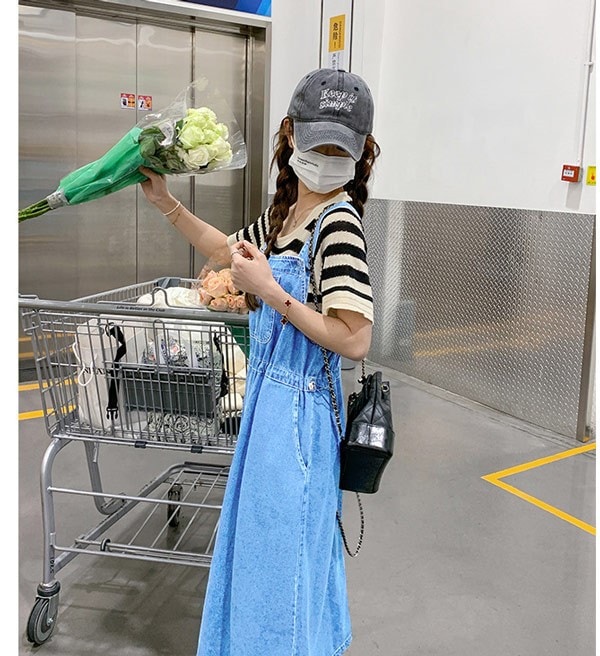 デニム サスペンダースカート 吊りスカート 夏ワンピ ワンピース 春夏 ロング丈 オシャレ 大きめ デニムスカート スリット入り 大人可愛い レディース 韓国 ブルー カジュアル　ダークブルー　ライト