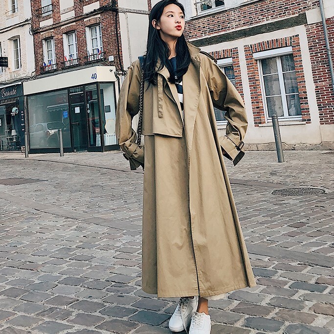 トレンチ風 アウター シャンパー ウインドブレーカー ロング丈 長袖 ボリューム袖 襟付き スーツ襟 フレア ワイド ベルト ウエストマーク シンプル カジュアル 大人 おしゃれ かっこいい レトロ