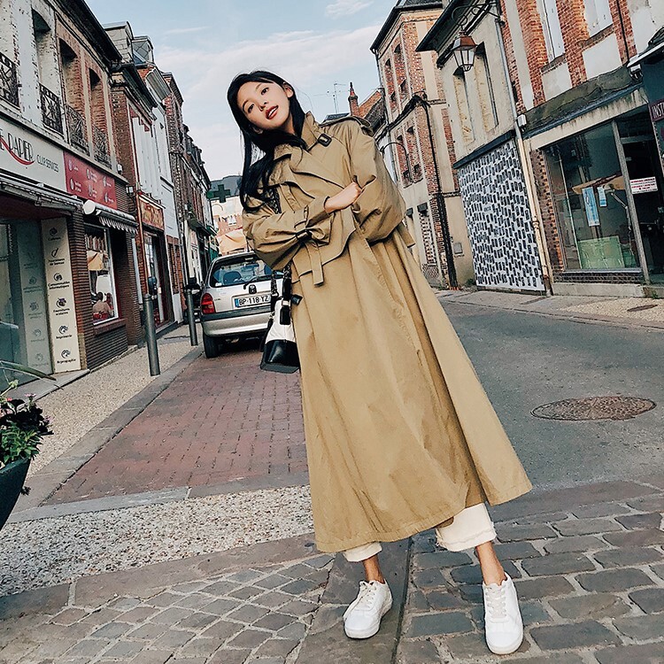 トレンチ風 アウター シャンパー ウインドブレーカー ロング丈 長袖 ボリューム袖 襟付き スーツ襟 フレア ワイド ベルト ウエストマーク シンプル カジュアル 大人 おしゃれ かっこいい レトロ