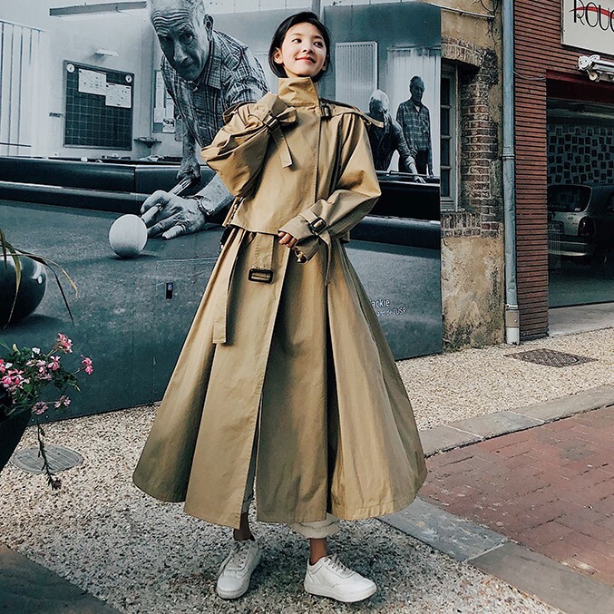 トレンチ風 アウター シャンパー ウインドブレーカー ロング丈 長袖 ボリューム袖 襟付き スーツ襟 フレア ワイド ベルト ウエストマーク シンプル カジュアル 大人 おしゃれ かっこいい レトロ