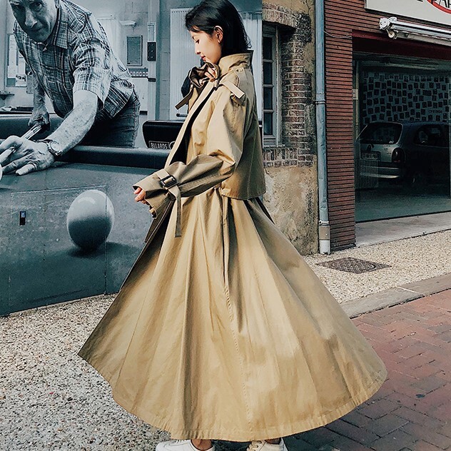 トレンチ風 アウター シャンパー ウインドブレーカー ロング丈 長袖 ボリューム袖 襟付き スーツ襟 フレア ワイド ベルト ウエストマーク シンプル カジュアル 大人 おしゃれ かっこいい レトロ