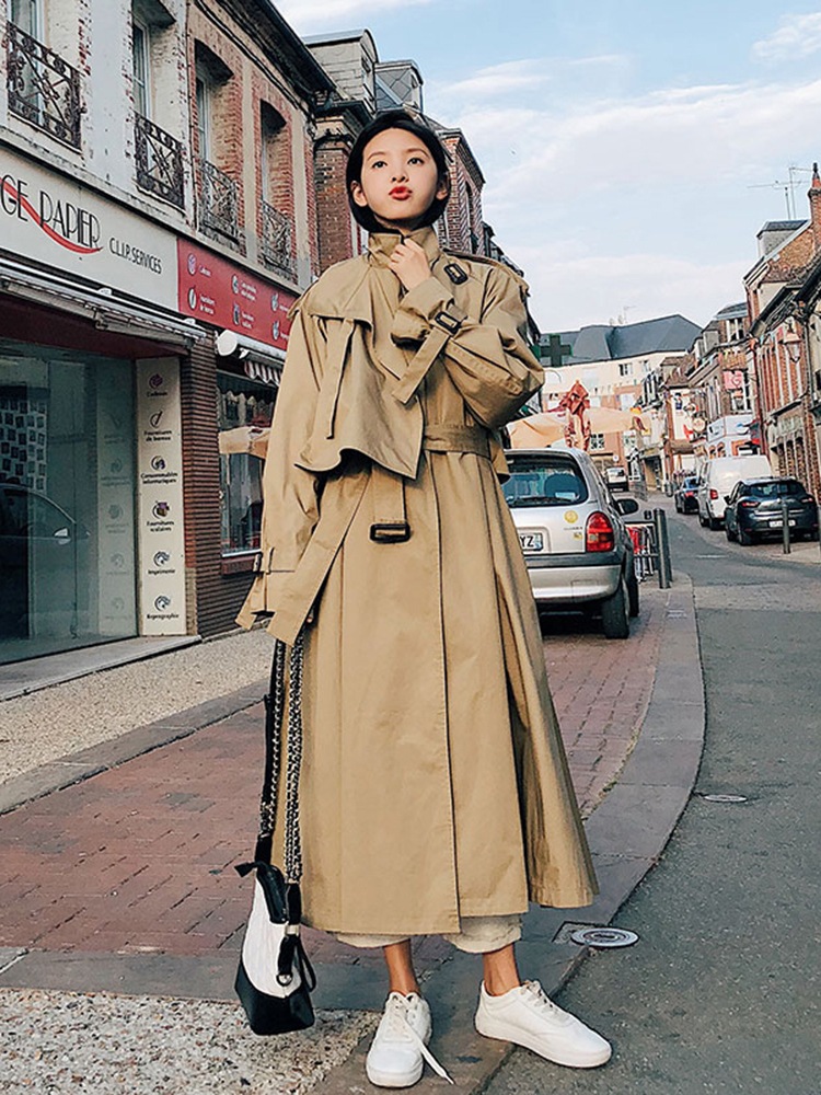 トレンチ風 アウター シャンパー ウインドブレーカー ロング丈 長袖 ボリューム袖 襟付き スーツ襟 フレア ワイド ベルト ウエストマーク シンプル カジュアル 大人 おしゃれ かっこいい レトロ