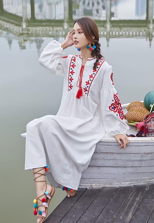 ハワイ リゾートワンピース マキシ丈 長袖 体型カバー 大きめ ゆったり