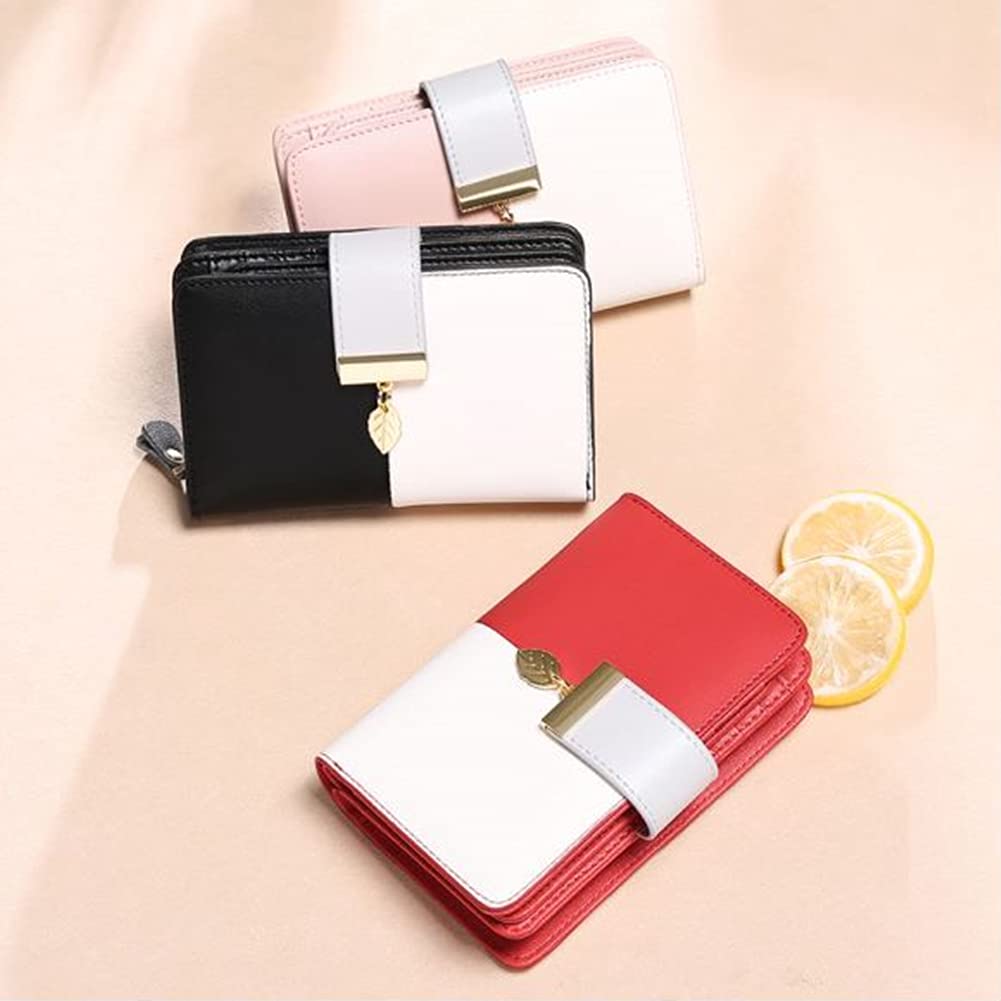 AnberKK 財布 レディース 二つ折り 本革 牛革 大容量 コンパクト 小さめ 多機能 収納 ジッパー 小銭入れ 短い ファッション プレゼント 人気 レザー(黒と白black)