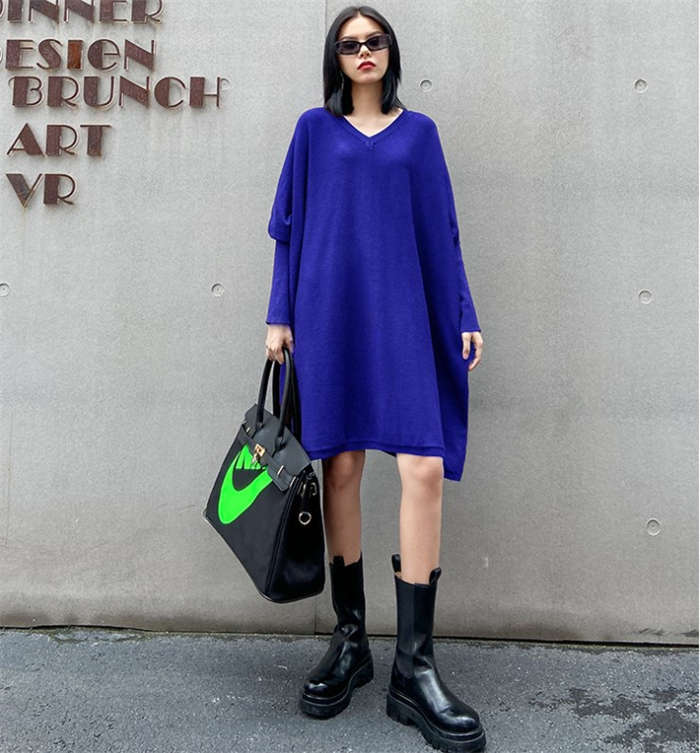 ニットワンピース Vネック チュニック ニットワンピ ロングワンピ ワンピース レディース 秋冬 膝丈 ゆったり 大きいサイズ 楽ちん シンプル 無地 ニット 長袖 ドルマンスリーブ フォーマル 大人