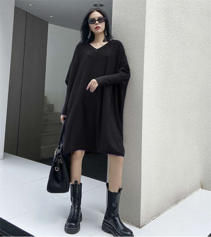 ニットワンピース Vネック チュニック ニットワンピ ロングワンピ ワンピース レディース 秋冬 膝丈 ゆったり 大きいサイズ 楽ちん シンプル 無地 ニット 長袖 ドルマンスリーブ フォーマル 大人