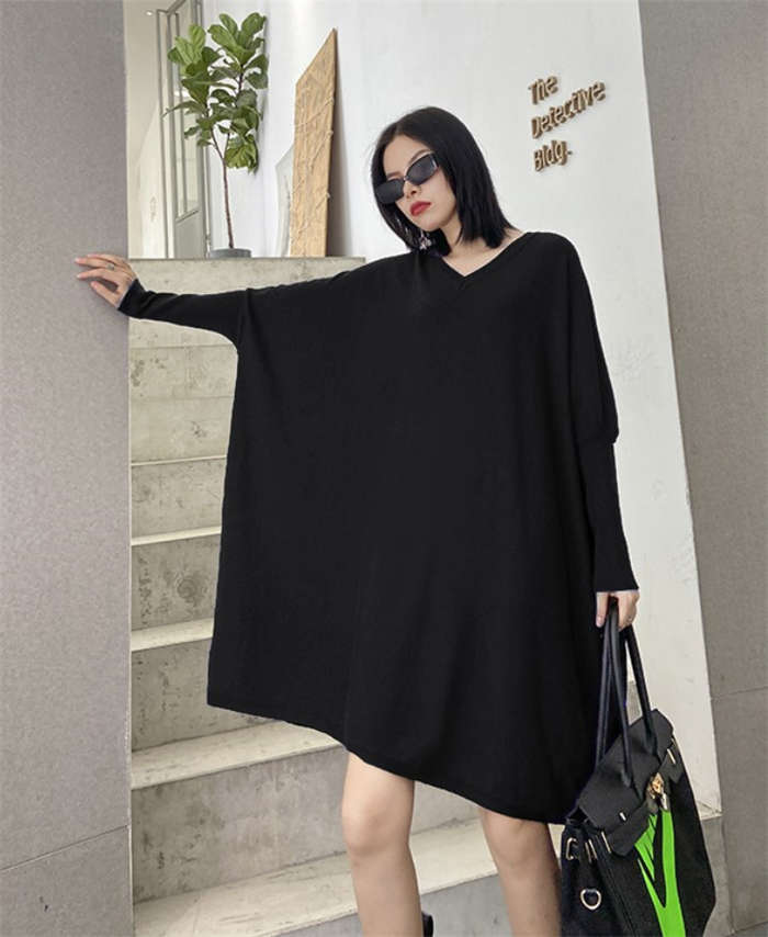 ニットワンピース Vネック チュニック ニットワンピ ロングワンピ ワンピース レディース 秋冬 膝丈 ゆったり 大きいサイズ 楽ちん シンプル 無地 ニット 長袖 ドルマンスリーブ フォーマル 大人