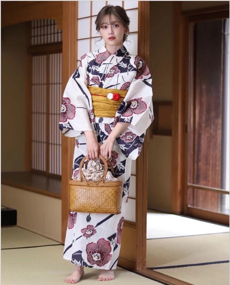 嘉陵キモノハウス 着物ゆかた 女性の伝統的なスタイルの綿と麻の織り目旅行着物ゆかた