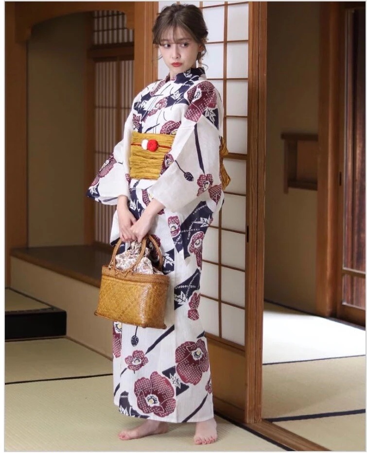 嘉陵キモノハウス 着物ゆかた 女性の伝統的なスタイルの綿と麻の織り目旅行着物ゆかた