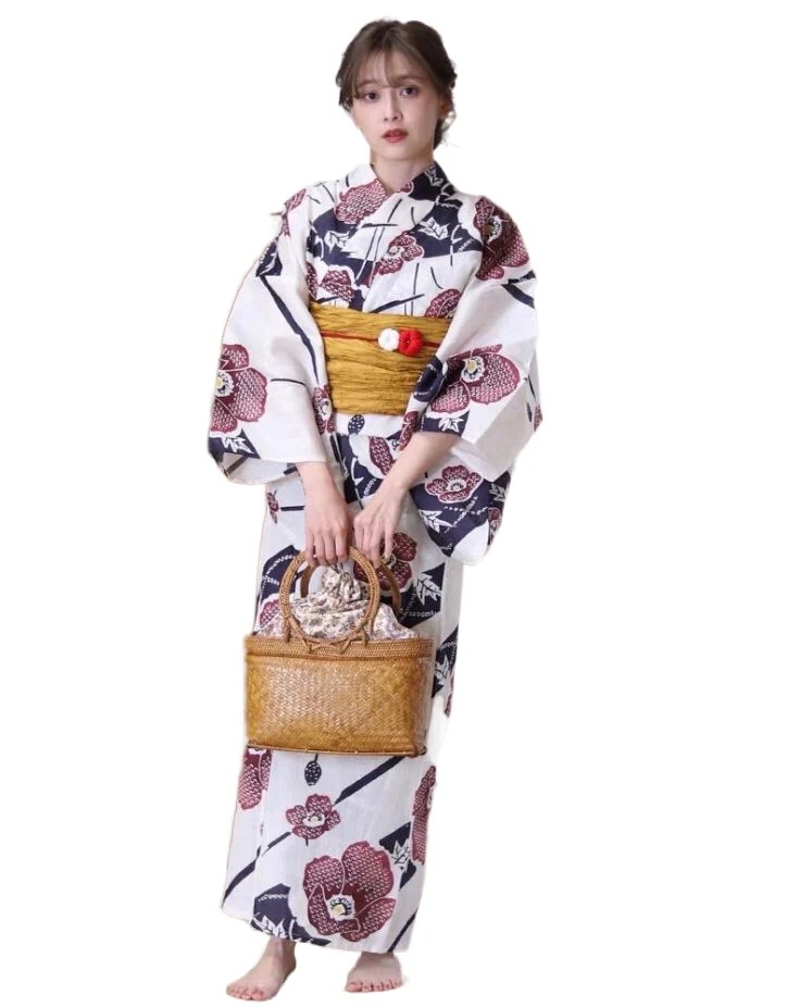 嘉陵キモノハウス 着物ゆかた 女性の伝統的なスタイルの綿と麻の織り目旅行着物ゆかた