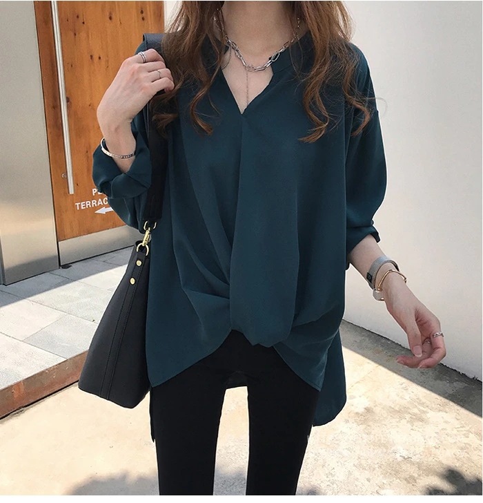 春秋の新しいシフォン シャツ 長袖 中で長いシャツ 上着