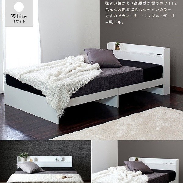 ダブルベッド マットレスセット リバーシブルポケットコイル フィットコイルマット コンセント 棚付ヘッドボード ベッド下収納