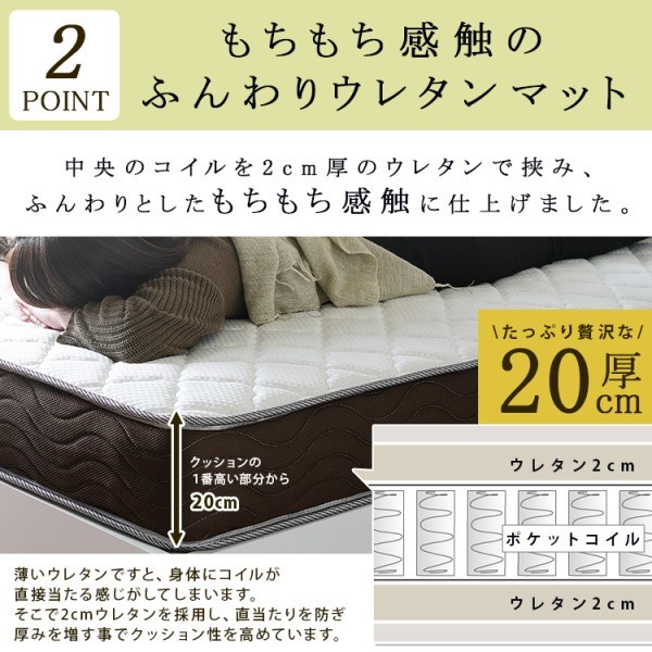 ダブルベッド マットレスセット リバーシブルポケットコイル フィットコイルマット コンセント 棚付ヘッドボード ベッド下収納