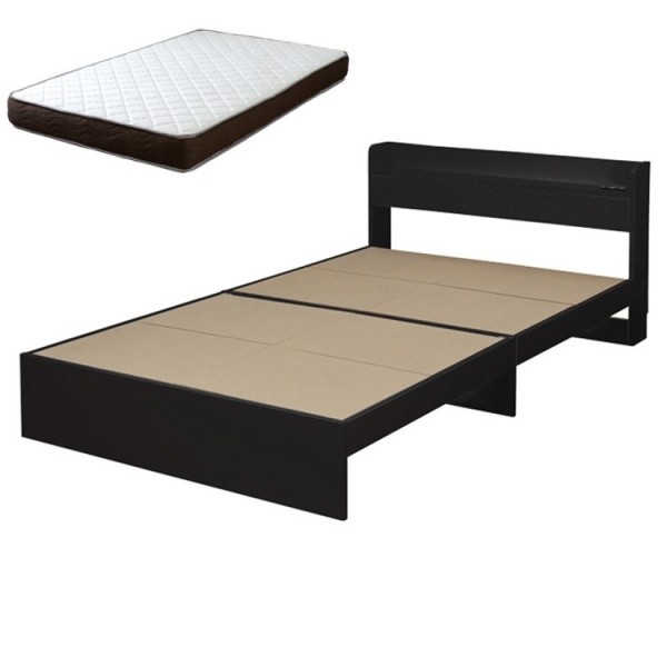 ダブルベッド マットレスセット リバーシブルポケットコイル フィットコイルマット コンセント 棚付ヘッドボード ベッド下収納