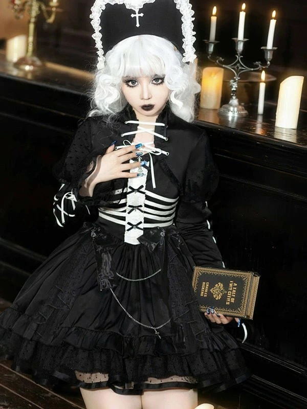 ワンピース ロリータ ハロウィン ミイラ風 レトロ風 リボン ショート丈