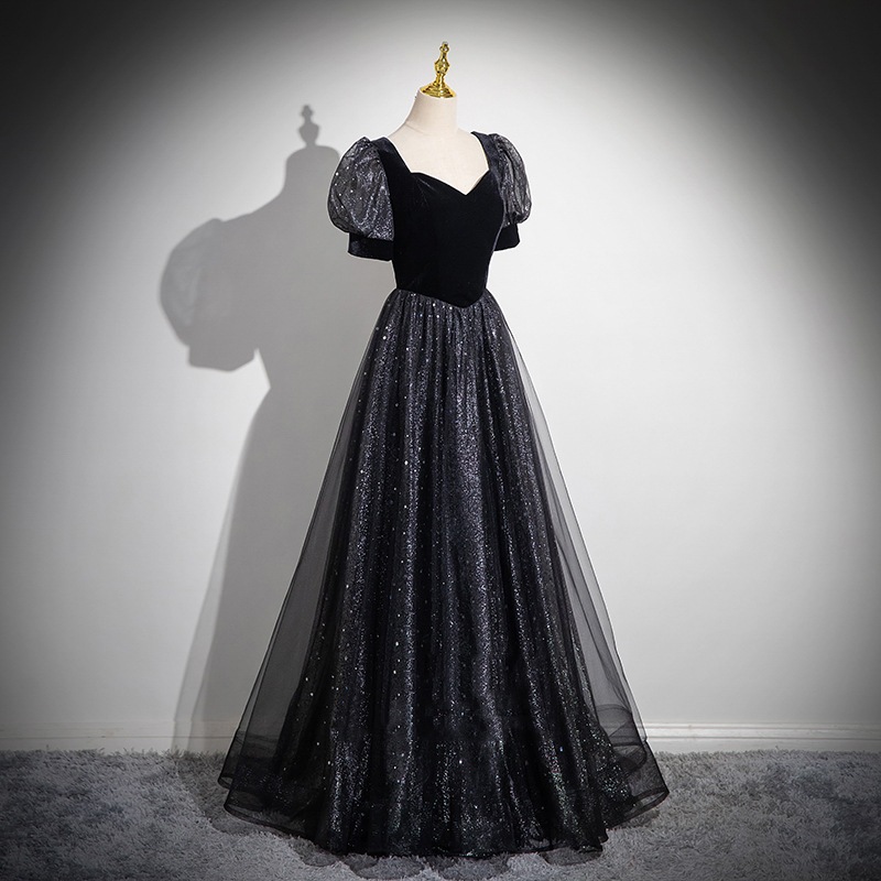 ブラックイブニングドレス2025宴会気質ホスト芸術試験コーラスパフォーマンス服夏 ブラックイブニングドレス2025宴会気質ホスト芸術試験コーラスパフォーマンス服夏