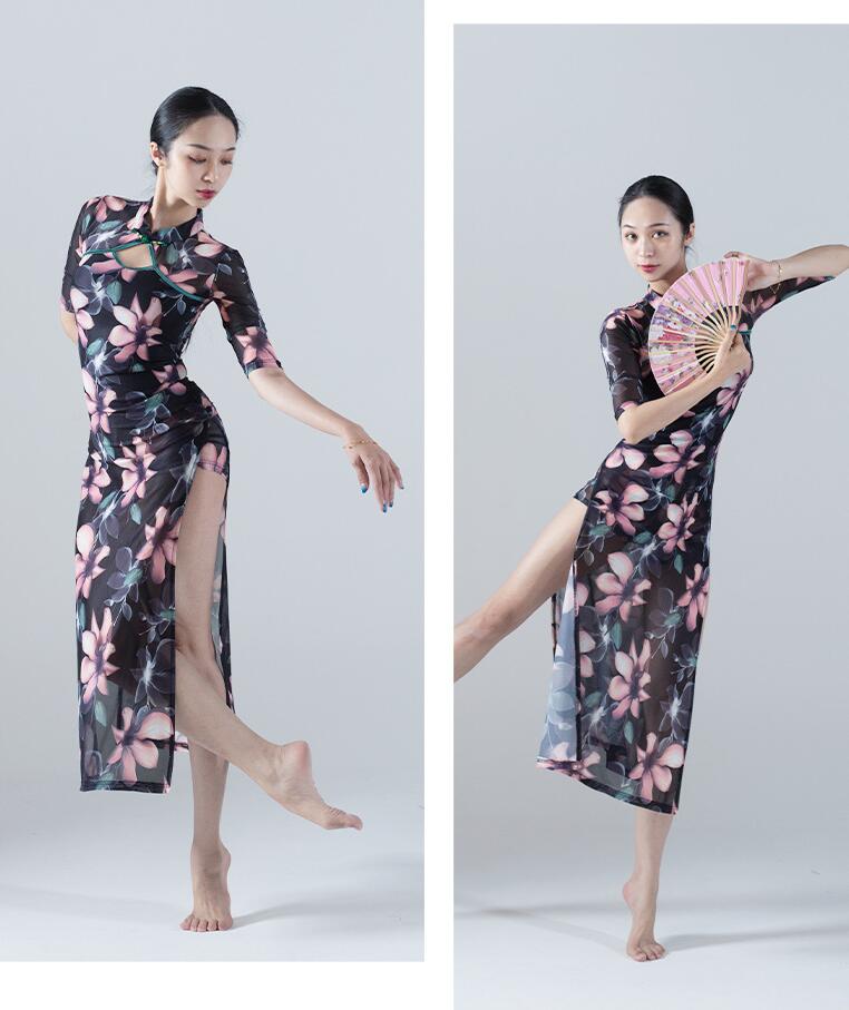 花柄チャイナドレス レディースダンスウェア 古典ダンスウェア ベリーダンス衣装 五分袖 中華風 透け感 密着ワンピース ロング丈 立ち襟 中華古典 ダンス練習着 レッスン着 古典ダンス/ヨガ/バレエ 花柄チャイナドレス レディースダンスウェア 古典ダンスウェア ベリーダンス衣装 五分袖 中華風 透け感 密着ワンピース ロング丈 立ち襟 中華古典 ダンス練習着 レッスン着 古典ダンス/ヨガ/バレエ