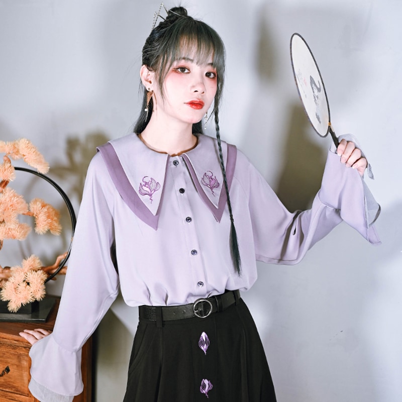 チャイナ風シャツ レディース 蓮鶴 刺繍トップス ブラウス 長袖 オリジナル むらさき パープルトップス