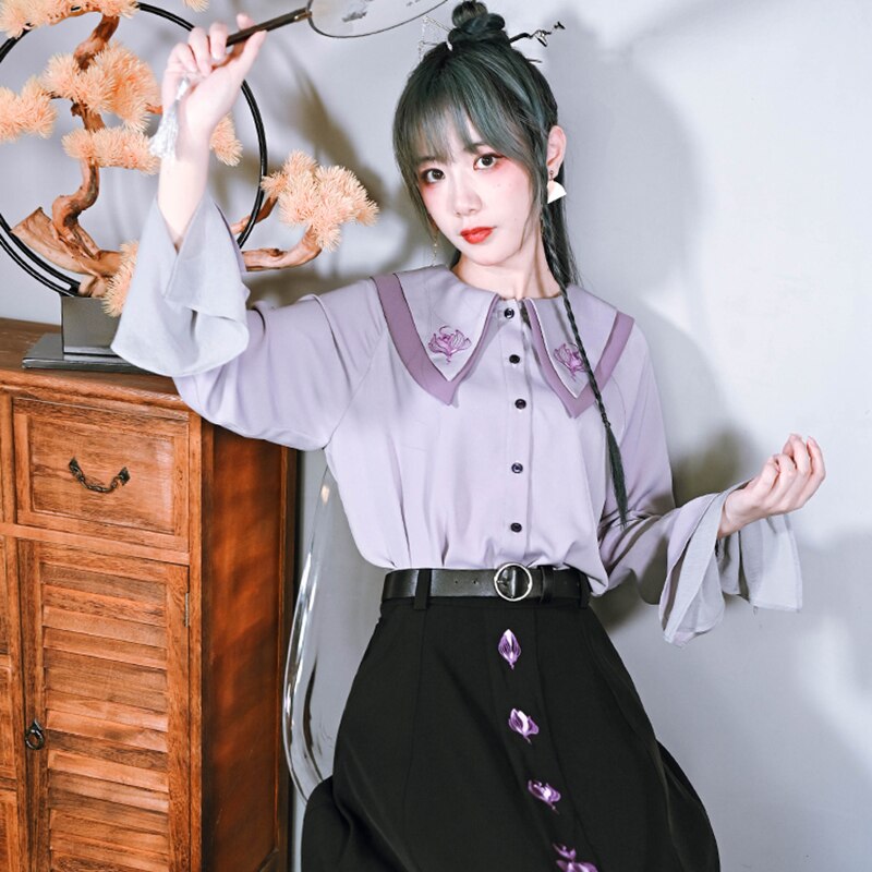 チャイナ風シャツ レディース 蓮鶴 刺繍トップス ブラウス 長袖 オリジナル むらさき パープルトップス